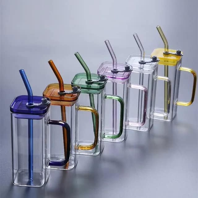 ZROY ENTERPRISE Random Color Glass - 400ml - Fruit Juice Soda Milk Sipper Tumbler Mug with Acrylic/Wooden Lid and Glass Straw Tea and Coffee Cup Can Set (1, Acrylic Lid Square) - Image 3
