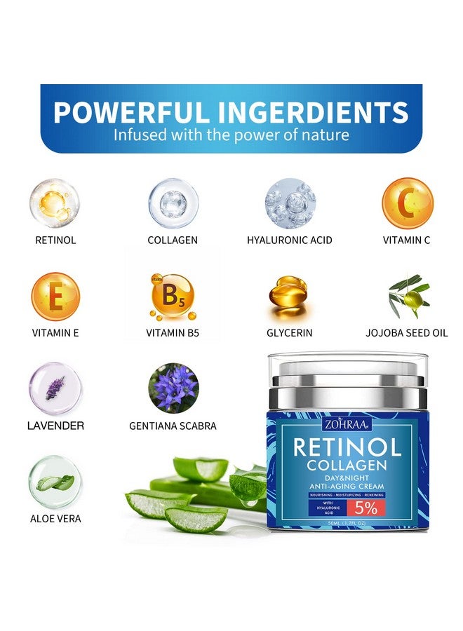 Retinol Cream For Face Facial Moisturizer With Collagen And Hyaluronic Acid Antiwrinkle Reduce Fine Lines Vitamin C+E Naturalingredient Day Night Antiaging For Women Men