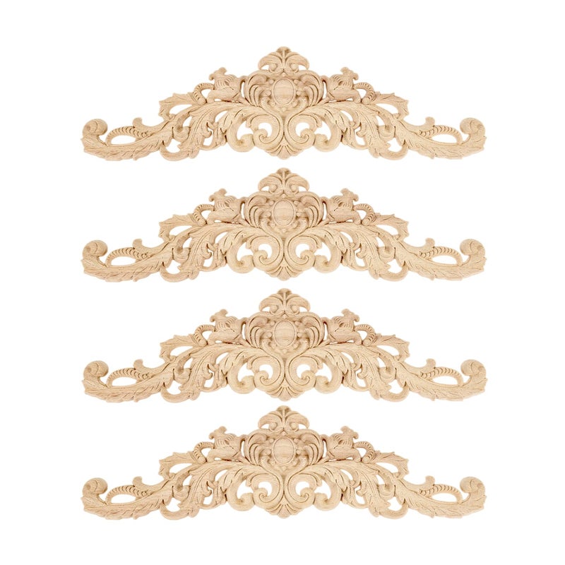 MUXSAM Long Wood Carved Appliques Onlays, 4-Pack Unpainted Decorative Corner Carving Decals Set for Wall Door Cabinet Mirror Closet Wardrobe Dresser Mantel Staircase DIY Project, 40x11cm/15.75"x4.33" - Image 1