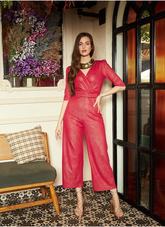 Styli - Sparkle Foil Wrap Front V Neck Jumpsuit by Styli - Image 1