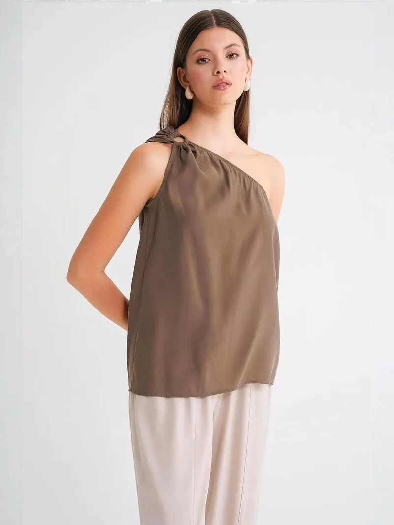 Mixray Mocha Brown Mixray Asymmetrical Collar Accessory Detailed Top for Women | Best Price UAE