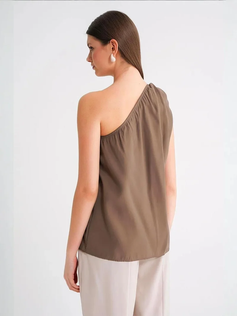 Mixray Mocha Brown Mixray Asymmetrical Collar Accessory Detailed Top for Women | Best Price UAE