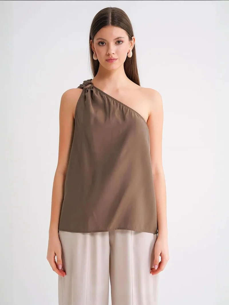 Mixray Mocha Brown Mixray Asymmetrical Collar Accessory Detailed Top for Women | Best Price UAE