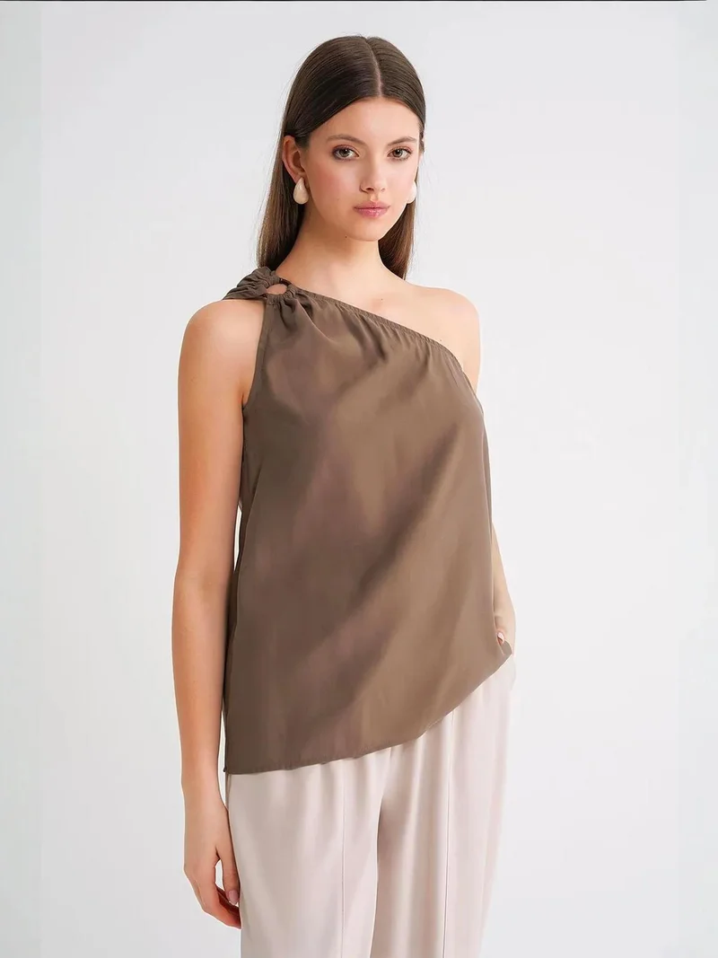 Mixray Mocha Brown Mixray Asymmetrical Collar Accessory Detailed Top for Women | Best Price UAE