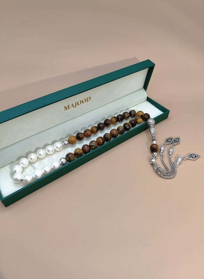 MAJOOD Original Design/33 Natural Shell Pearls With Natural Tiger Eye Stone Prayer Beads/Tasbih/10 mm - Image 5