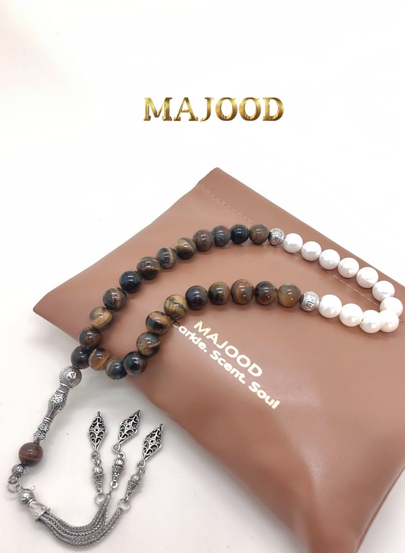 MAJOOD Original Design/33 Natural Shell Pearls With Natural Tiger Eye Stone Prayer Beads/Tasbih/10 mm - Image 2