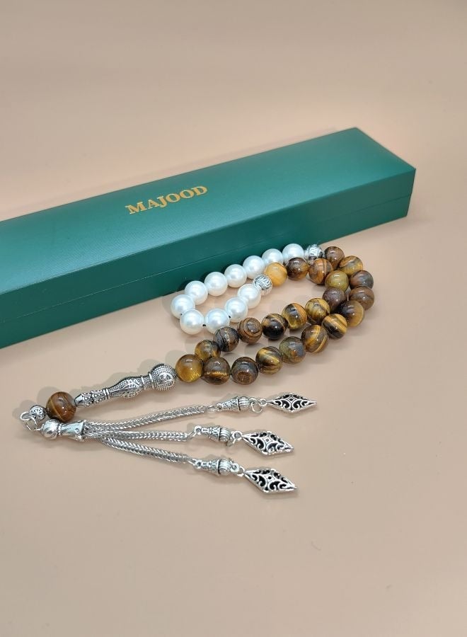 MAJOOD Original Design/33 Natural Shell Pearls With Natural Tiger Eye Stone Prayer Beads/Tasbih/10 mm - Image 3
