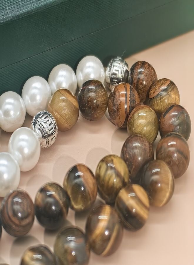 MAJOOD Original Design/33 Natural Shell Pearls With Natural Tiger Eye Stone Prayer Beads/Tasbih/10 mm - Image 4