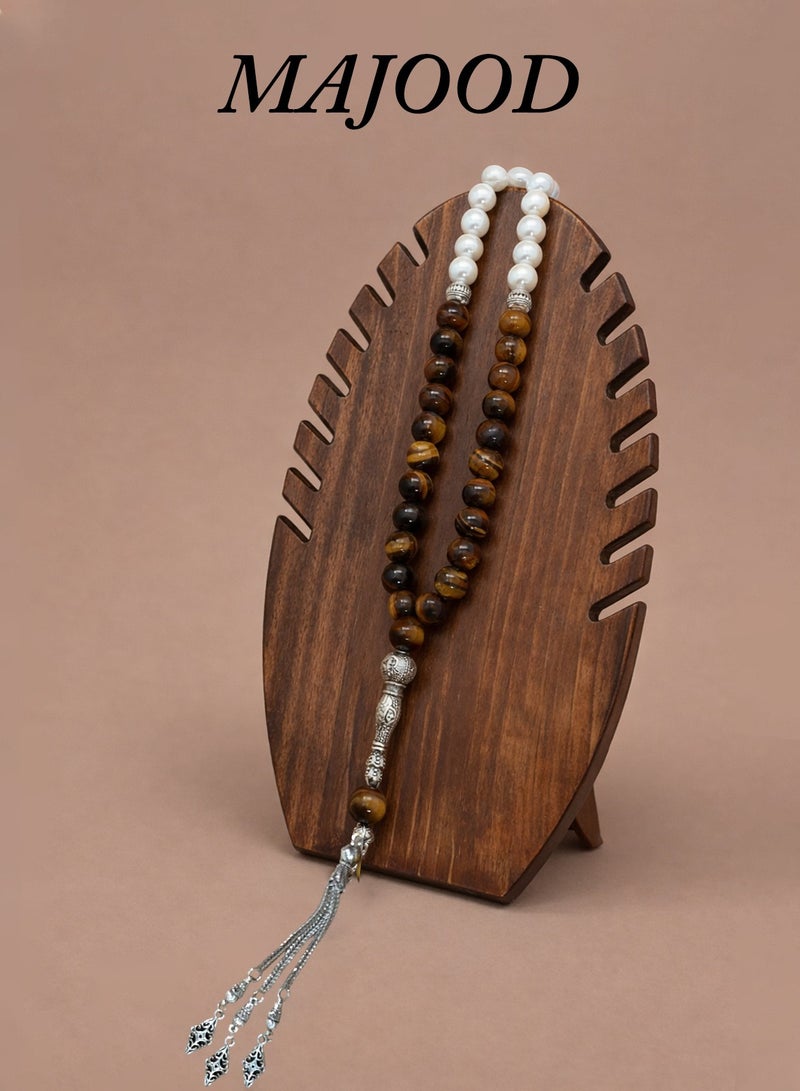 MAJOOD Original Design/33 Natural Shell Pearls With Natural Tiger Eye Stone Prayer Beads/Tasbih/10 mm - Image 1