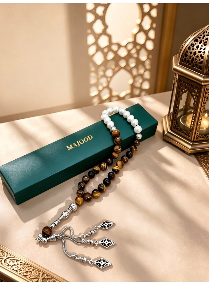 موجود التصميم الأصلي/33 لؤلؤة طبيعية مع خرزة صلاة من حجر عين النمر الطبيعي/تسبيح/10 ملم - Image 2