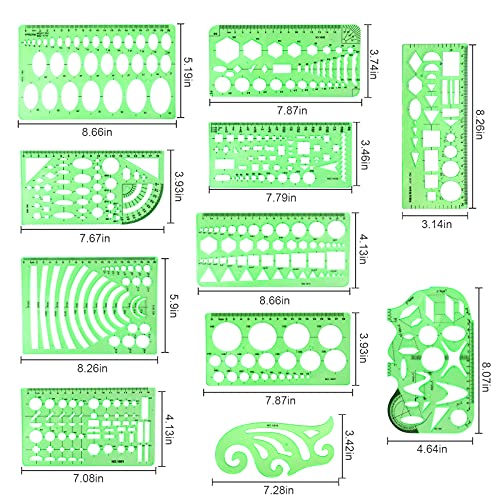 BetyBedy 11PCS Geometric Drawings Templates, Drafting Stencils Measuring Tools, BetyBedy Plastic Clear Green Ruler Shapes with a Zipper Bags for Architecture, Office, Studying, Designing and Building - Image 5