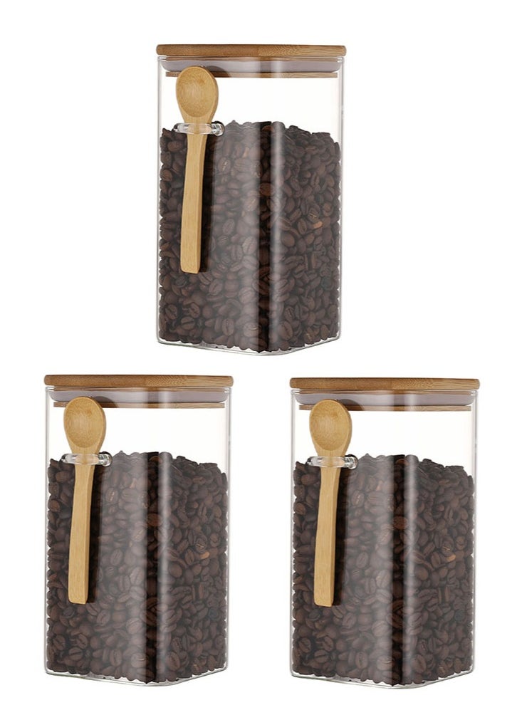 Perfii 3pcs 1200ml Glass Jars with Wooden Spoons Airtight Lids, Clear Containers for Coffee, Tea, Flour, Nuts, Stylish and Functional Glass Storage Set  - Image 1