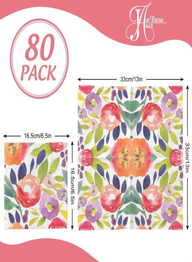 JarThenaAMCS جارثينا AMCS 80 قطعة من مناديل الورق الزهرية بألوان مائية زهور ملونة مناديل عشاء زخرفية قابلة للتخلص منها مناديل يد لربيع الزفاف عيد الميلاد حفلة استحمام الطفل لوازم الطاولة - Image 2