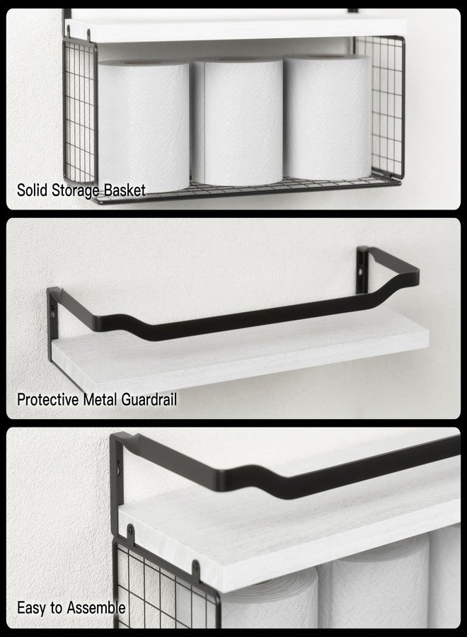 WOPITUES Floating Shelves with Wire Storage Basket, Bathroom Shelves Over Toilet with Protective Metal Guardrail, Wood Wall Shelves for Bathroom Organizers and Storage, Toilet Paper-White - Image 4