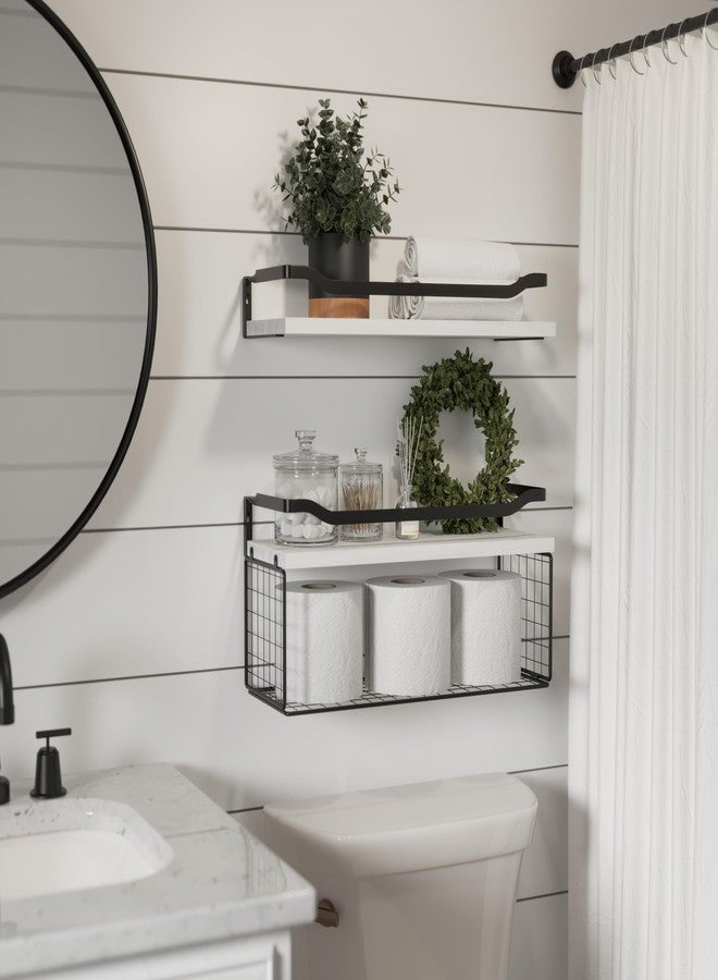 WOPITUES Floating Shelves with Wire Storage Basket, Bathroom Shelves Over Toilet with Protective Metal Guardrail, Wood Wall Shelves for Bathroom Organizers and Storage, Toilet Paper-White - Image 2