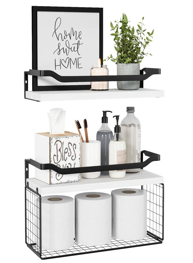 WOPITUES Floating Shelves with Wire Storage Basket, Bathroom Shelves Over Toilet with Protective Metal Guardrail, Wood Wall Shelves for Bathroom Organizers and Storage, Toilet Paper-White - Image 1