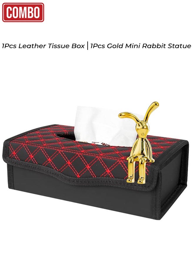 حامل مناديل ورقية جلدي مع تمثال أرنب صغير ذهبي - ديكور للسيارة والمنزل والمكتب، مزود بإغلاق مغناطيسي، طقم منظم متين من جلد البولي يوريثان. - Image 1