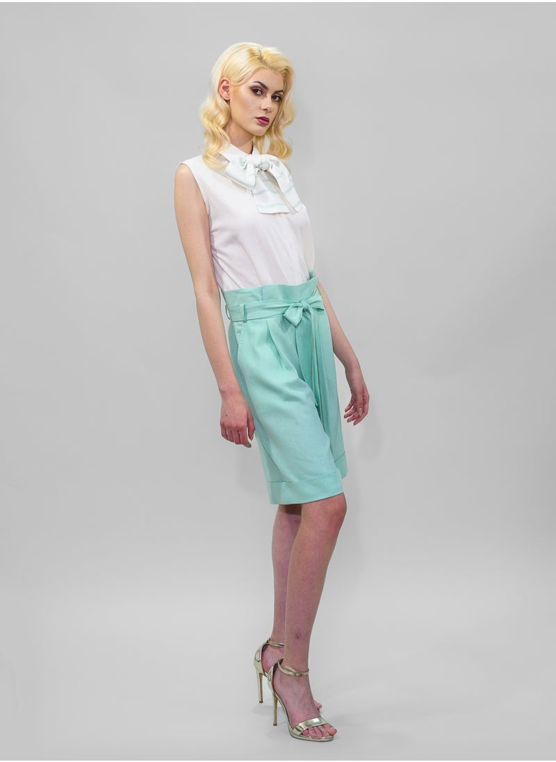 BITOLIA GALLERY - Ivory Linen Shirt with Ivory-Green Bow - Image 1