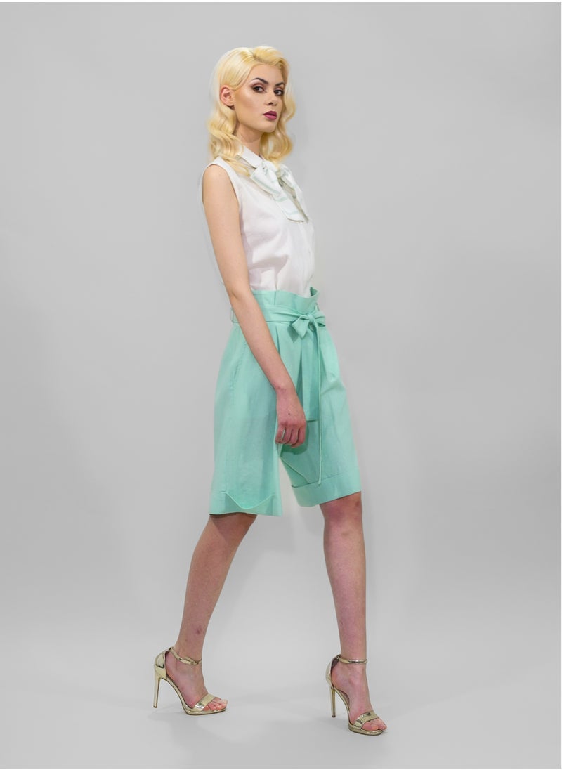 BITOLIA GALLERY - Ivory Linen Shirt with Ivory-Green Bow - Image 1