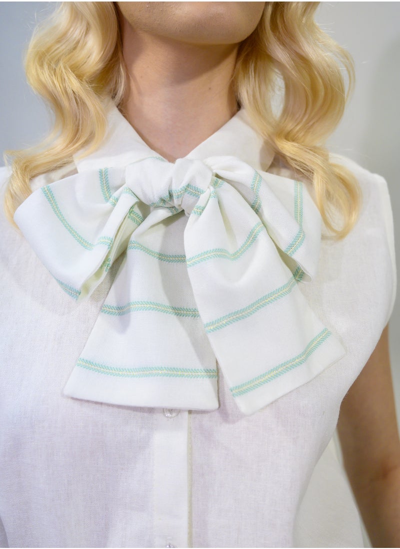 BITOLIA GALLERY - Ivory Linen Shirt with Ivory-Green Bow - Image 1