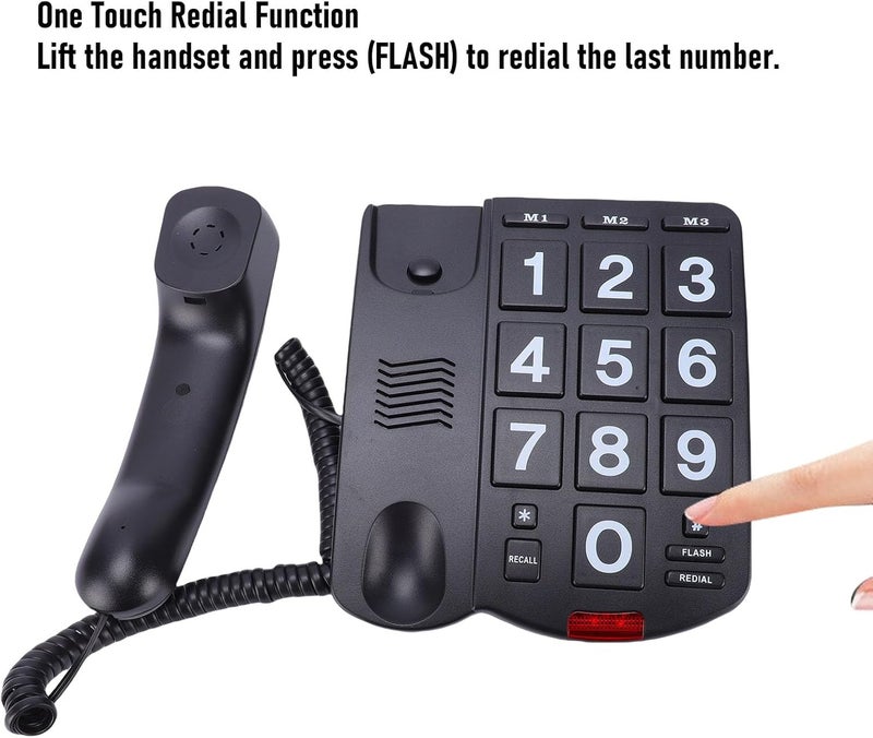 Focket Large Key Corded Phone, Landline Telephone with 1.06x1.18 Inch Big Buttons, 110dB Loud Ringer, 3 Speed Dial Keys, Flashing LED, for Seniors and Visually Impaired (Black) - Image 3