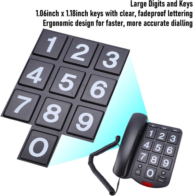 Focket Large Key Corded Phone, Landline Telephone with 1.06x1.18 Inch Big Buttons, 110dB Loud Ringer, 3 Speed Dial Keys, Flashing LED, for Seniors and Visually Impaired (Black) - Image 2