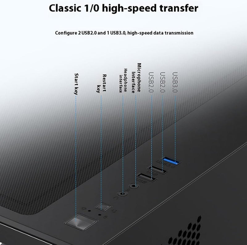 ATX Mid-Tower Computer Case, Panoramic Tempered Glass, | USB2.0 x2,USB 3.0 Ports x1, HDDx2/SSDx1 Slots -Black，Does Not Come With Any Fans. - Image 5