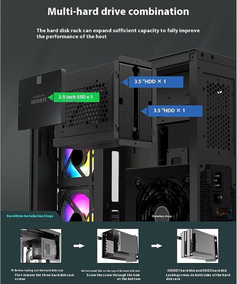 ATX Mid-Tower Computer Case, Panoramic Tempered Glass, | USB2.0 x2,USB 3.0 Ports x1, HDDx2/SSDx1 Slots -Black，Does Not Come With Any Fans. - Image 4