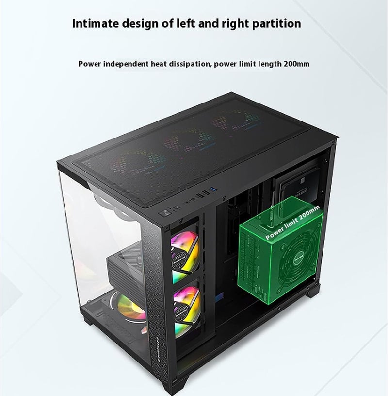 ATX Mid-Tower Computer Case, Panoramic Tempered Glass, | USB2.0 x2,USB 3.0 Ports x1, HDDx2/SSDx1 Slots -Black，Does Not Come With Any Fans. - Image 3
