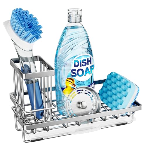 Consumest Sink Caddy, Kitchen Sponge Holder with Dish Brush Holder, Kitchen Organizer with Drip Tray for Countertop, Stainless Steel Rustproof - Silver - Image 1