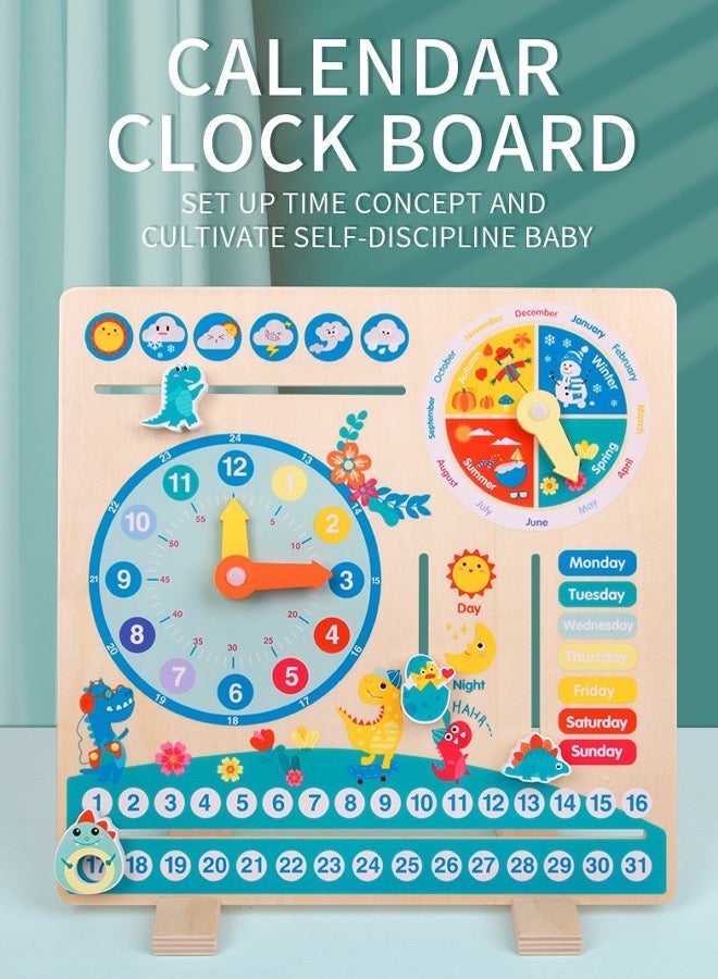 Wooden Early Development Toys  Dinosaur Clock Calendar Weather Season Month Cognitive Board Kids Educational Toy For Over 3 Years - Image 2