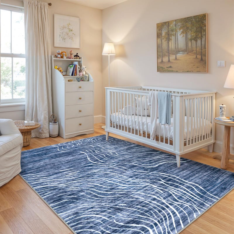 LIVEBOX Modern Abstract 5x7 Area Rugs for Living Room, Navy Blue Washable Rugs for Bedroom, Non-Slip Minimalist Neutral Wave Striped Rugs for Playroom Nursery Boys, Throw Rug Carpet for Dining Room - Image 4