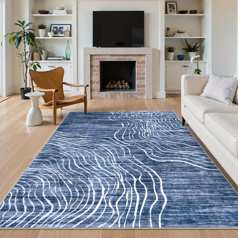 LIVEBOX Modern Abstract 5x7 Area Rugs for Living Room, Navy Blue Washable Rugs for Bedroom, Non-Slip Minimalist Neutral Wave Striped Rugs for Playroom Nursery Boys, Throw Rug Carpet for Dining Room - Image 3