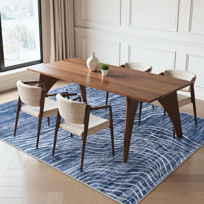 LIVEBOX Modern Abstract 5x7 Area Rugs for Living Room, Navy Blue Washable Rugs for Bedroom, Non-Slip Minimalist Neutral Wave Striped Rugs for Playroom Nursery Boys, Throw Rug Carpet for Dining Room - Image 2