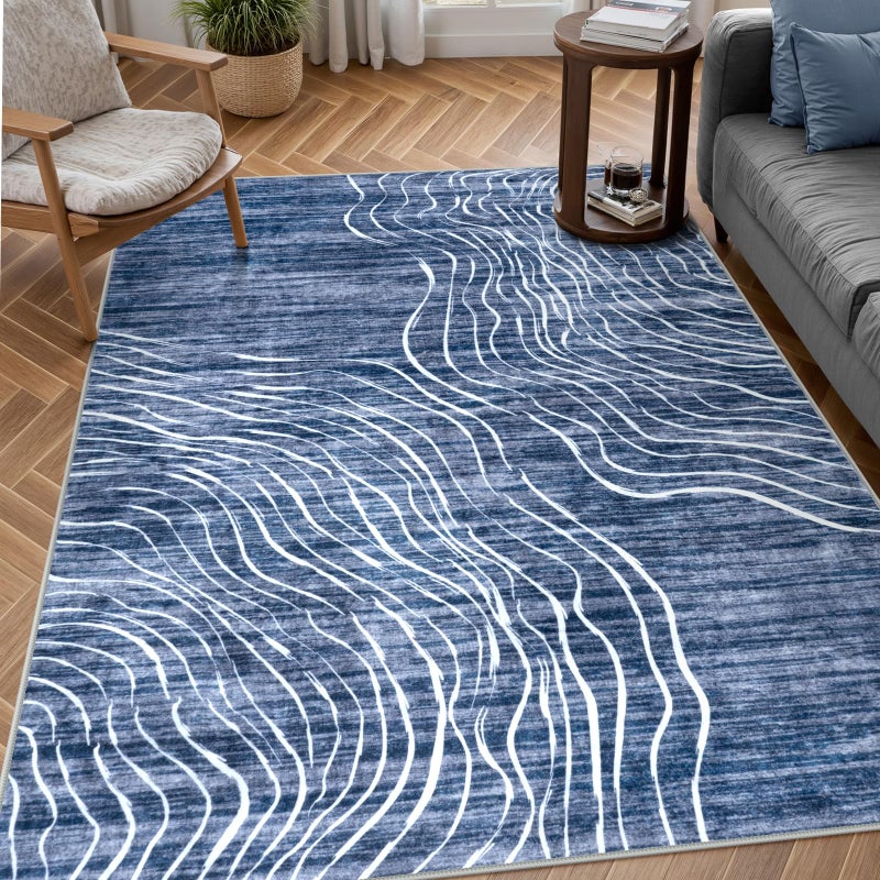 LIVEBOX Modern Abstract 5x7 Area Rugs for Living Room, Navy Blue Washable Rugs for Bedroom, Non-Slip Minimalist Neutral Wave Striped Rugs for Playroom Nursery Boys, Throw Rug Carpet for Dining Room - Image 1