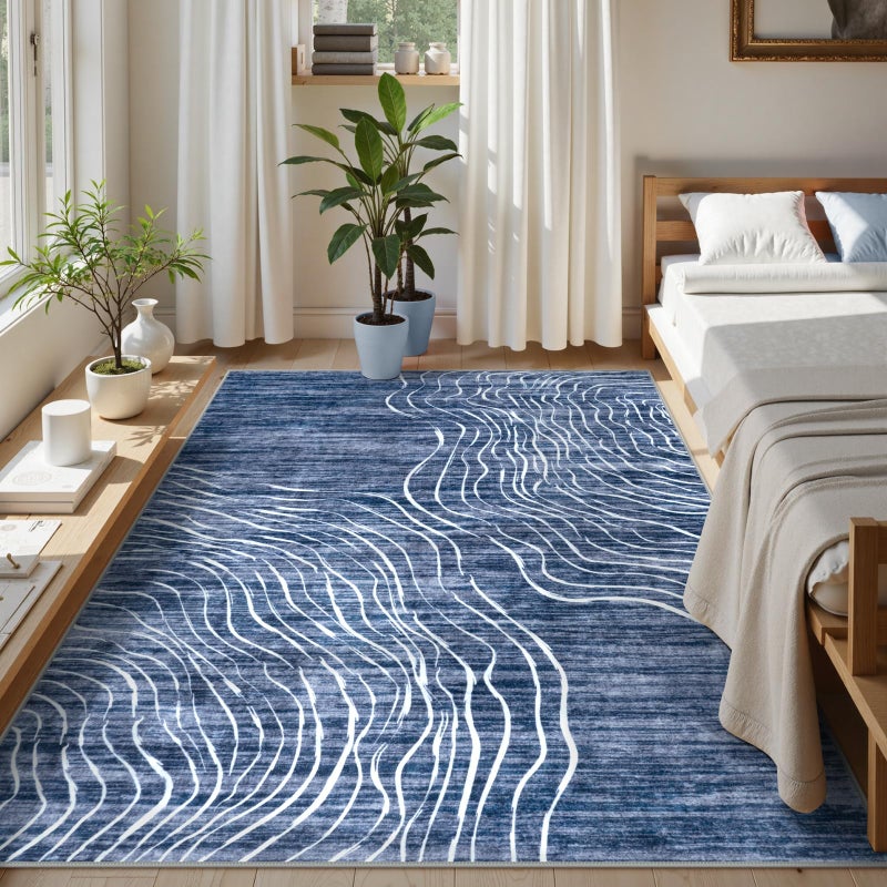 LIVEBOX Modern Abstract 5x7 Area Rugs for Living Room, Navy Blue Washable Rugs for Bedroom, Non-Slip Minimalist Neutral Wave Striped Rugs for Playroom Nursery Boys, Throw Rug Carpet for Dining Room - Image 5