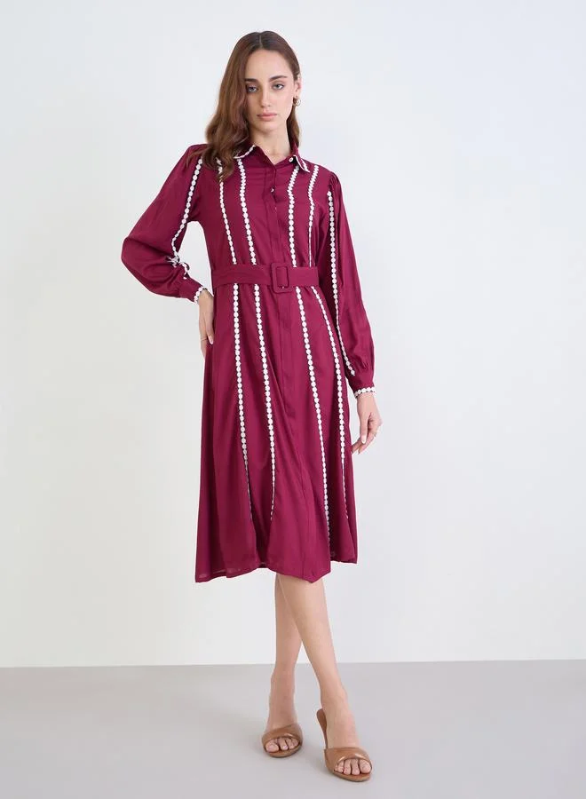 Styli Burgundy Lace Trim Shirt Midi Dress