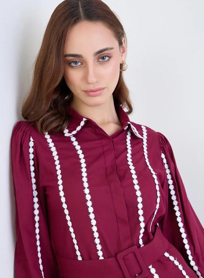 Styli Burgundy Lace Trim Shirt Midi Dress