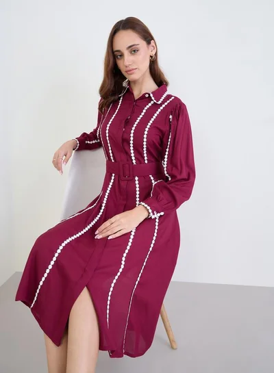 Styli Burgundy Lace Trim Shirt Midi Dress