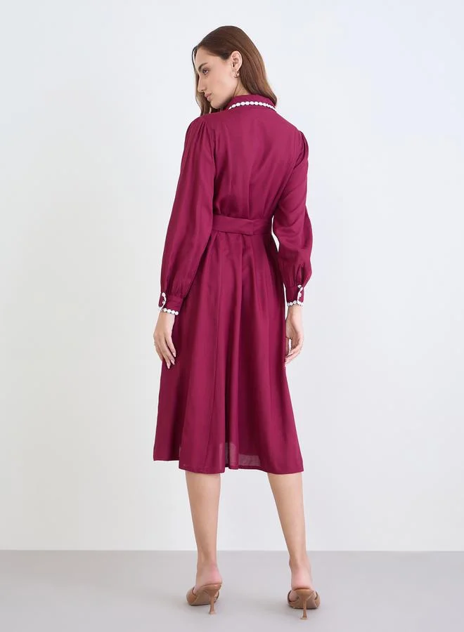 Styli Burgundy Lace Trim Shirt Midi Dress