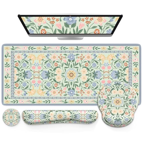 iCasso Desk Cover Mat Gaming Mouse Pad Wrist Support Set4in1 XXL Large Mousepad Keyboard Wrist RestMouse Wrist RestCoaster Set with Ergonomic Design for Home Office Table ComputerGreen Flowers - Image 1