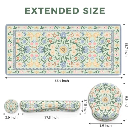 iCasso Desk Cover Mat Gaming Mouse Pad Wrist Support Set4in1 XXL Large Mousepad Keyboard Wrist RestMouse Wrist RestCoaster Set with Ergonomic Design for Home Office Table ComputerGreen Flowers - Image 3