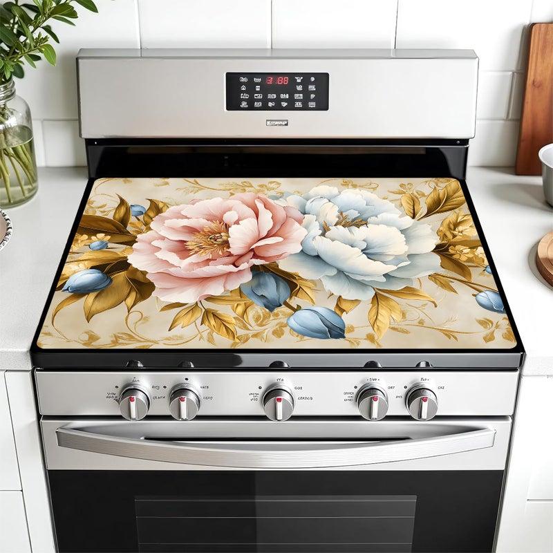 AOHMPT Multi-Design Stove Top Cover for Glass/Electric Stoves - 3-in-1 Heat-Resistant Protector Mat, Non-Slip Drying Rack 28"x20" (Pink-White Peony, 28" L x 20" W) - Image 1