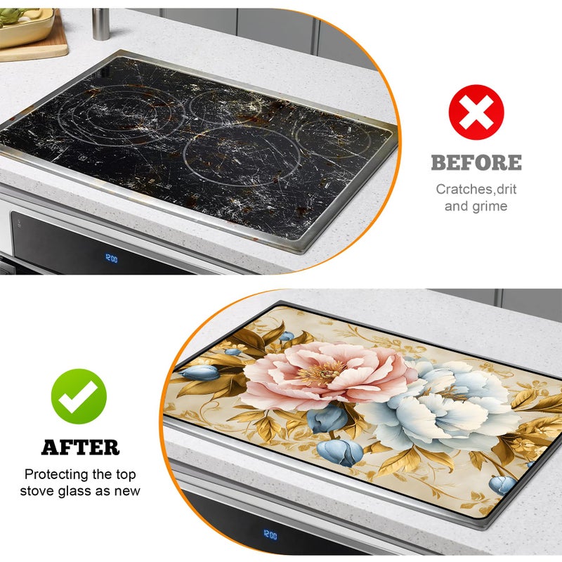 AOHMPT Multi-Design Stove Top Cover for Glass/Electric Stoves - 3-in-1 Heat-Resistant Protector Mat, Non-Slip Drying Rack 28"x20" (Pink-White Peony, 28" L x 20" W) - Image 5