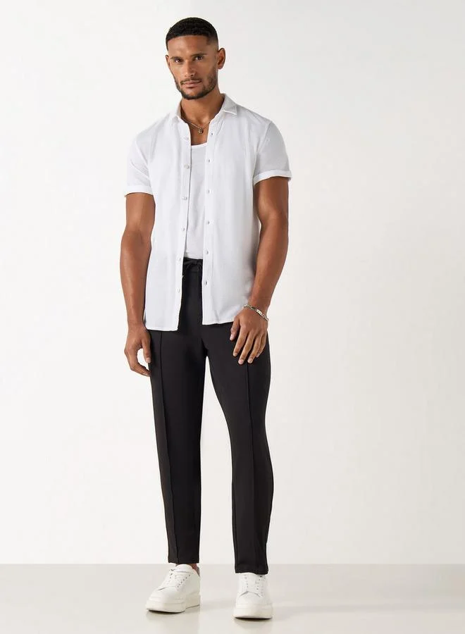 Iconic Iconic Slim Fit Textured Shirt with Short Sleeves and Button Placket