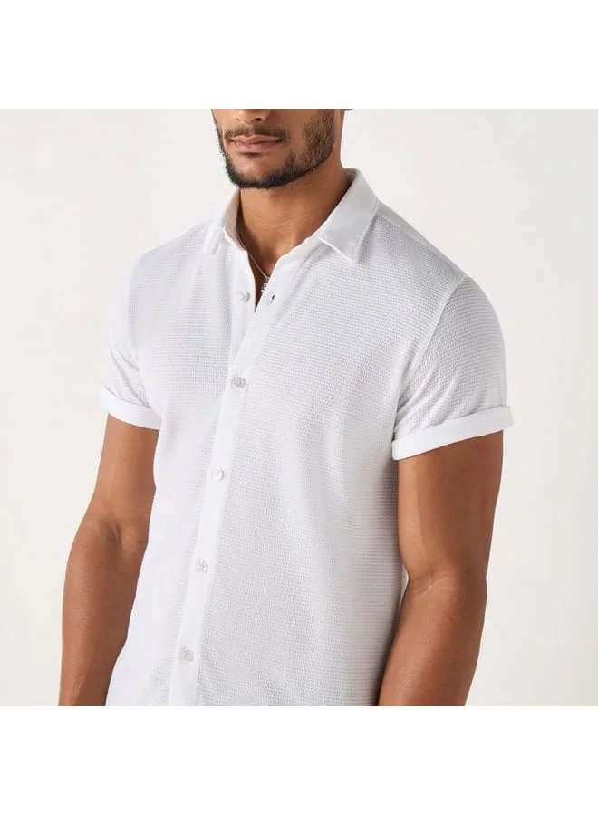 Iconic Iconic Slim Fit Textured Shirt with Short Sleeves and Button Placket