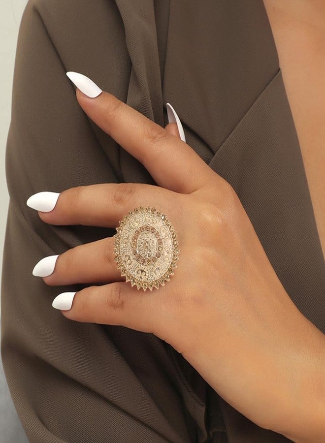 Dtja Yellow CZ Round Statement Ring for Women Girls Boho Expandable Adjustable Open Wrap Finger Rings Comfort Fit Exaggerated Bollywood Style Jewelry Gold Tone - Image 3