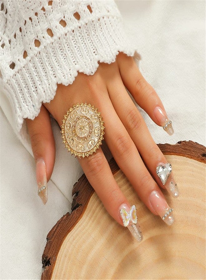 Dtja Yellow CZ Round Statement Ring for Women Girls Boho Expandable Adjustable Open Wrap Finger Rings Comfort Fit Exaggerated Bollywood Style Jewelry Gold Tone - Image 2