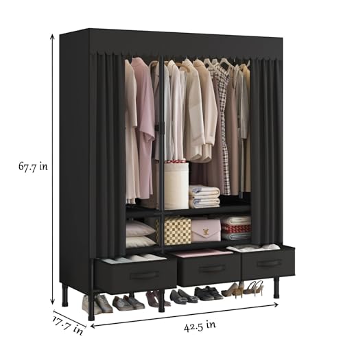 WEALTHYHEART Portable Closet,Garment Rack,Heavy Duty Clothes Rack with Cover,Wardrobe Closet with 1 Hanging Rods, 2 Storage Shelves and 3 Drawers,43.3" L x 17.7" W x 67.7" H,Black - Image 3