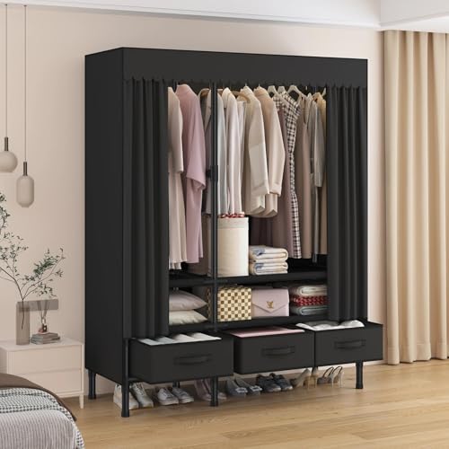 WEALTHYHEART Portable Closet,Garment Rack,Heavy Duty Clothes Rack with Cover,Wardrobe Closet with 1 Hanging Rods, 2 Storage Shelves and 3 Drawers,43.3" L x 17.7" W x 67.7" H,Black - Image 2